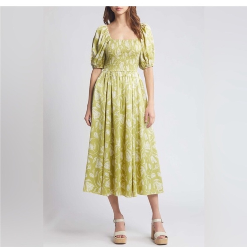 Moon River XS Smocked Pouf Sleeve Floral Midi Dress NWOT Ret $104 Pear Green